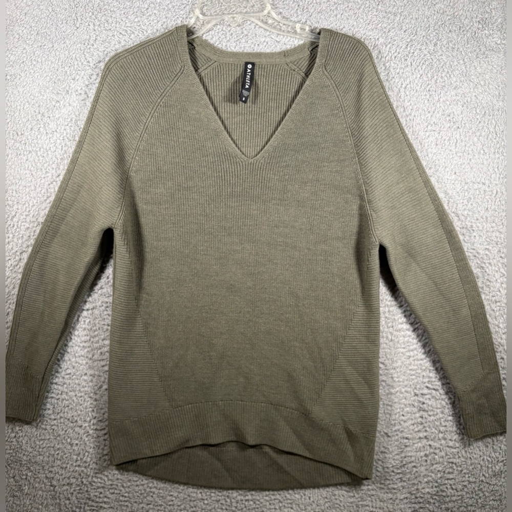 Athleta Hanover V Neck Sweater Merino Wool Blend Olive Green Women’s Size Small